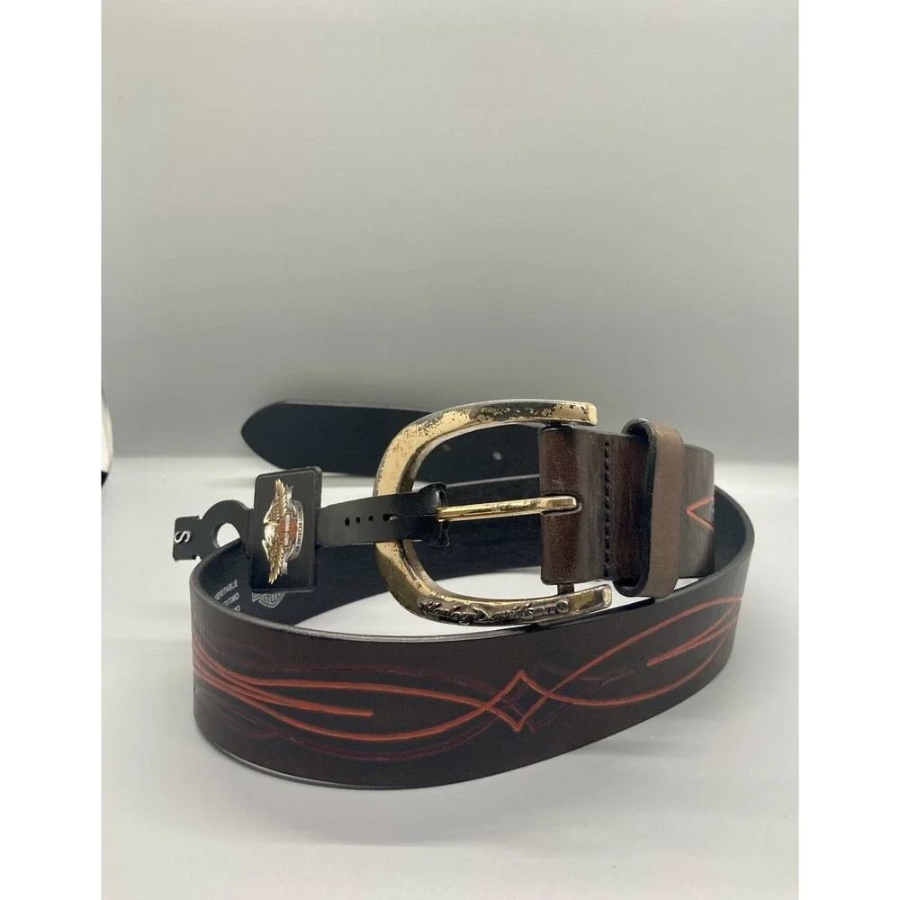 Vintage Harley Davidson Leather Belt S black Flame Pinstripe Y2K buckle